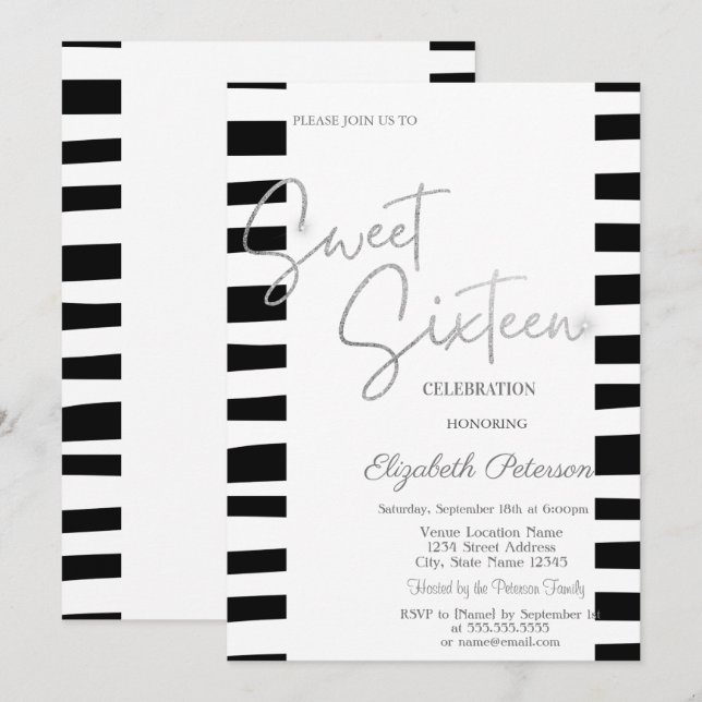 Invitación Dulces 16 con rayas negras y escritura plateada (Anverso / Reverso)