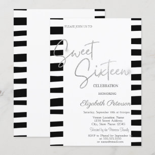 Invitación Dulces 16 con rayas negras y escritura plateada
