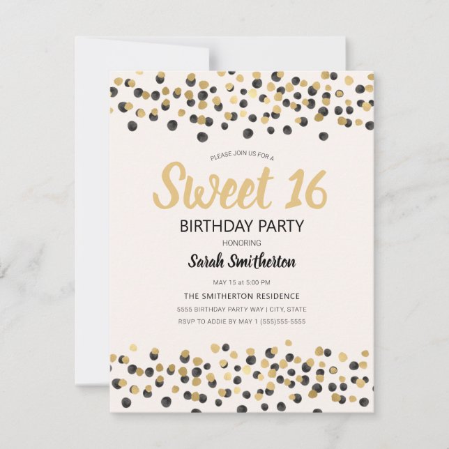 Invitación Dulces 16 Confeti Brillante de Oro Blanco Negro (Anverso)