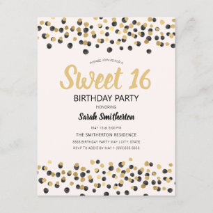 Invitación Dulces 16 Confeti Brillante de Oro Blanco Negro