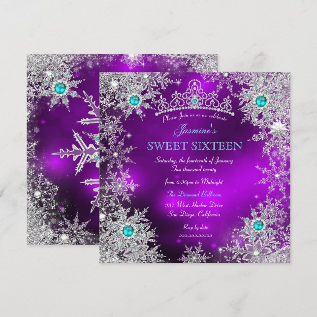 Invitación Dulces 16 Copo de Nieve Bosque de Invierno Morado  (Anverso / Reverso)