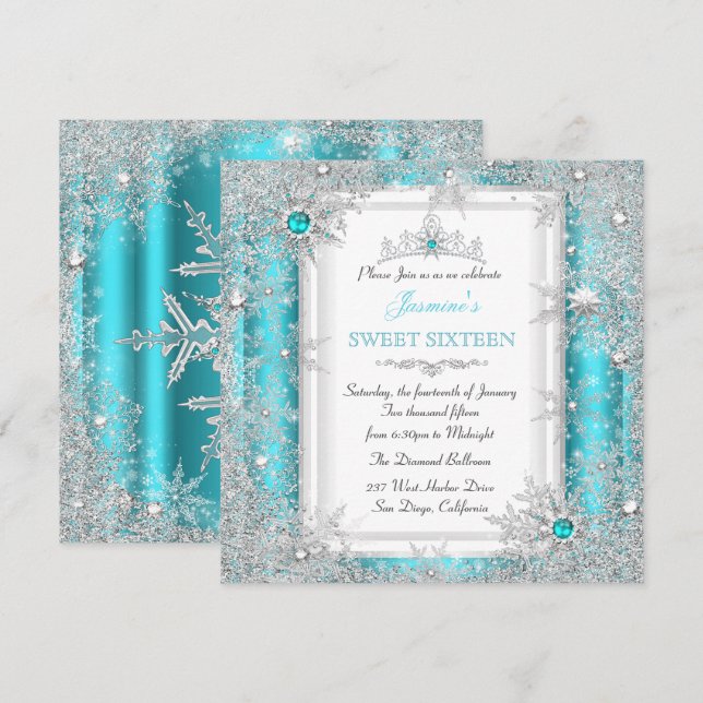 Invitación Dulces 16 Copo de Nieve Bosque de Invierno Platead (Anverso / Reverso)