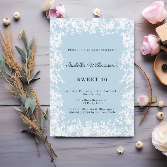 Invitación Dulces 16 copos de nieve azules fiesta de invierno (Subido por el creador)