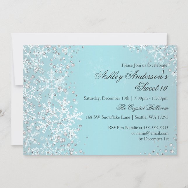 Invitación Dulces 16 Copos de Nieve Brillantes Invierno Mágic (Anverso)