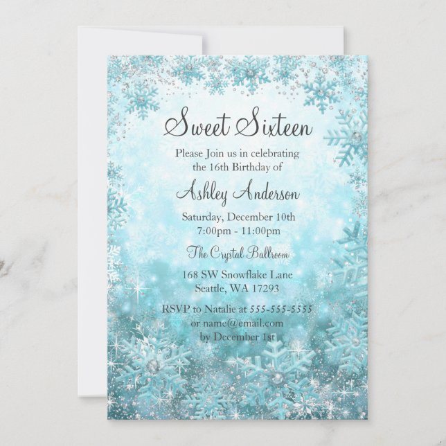 Invitación Dulces 16 Copos de Nieve Brillantes Invierno Mágic (Anverso)