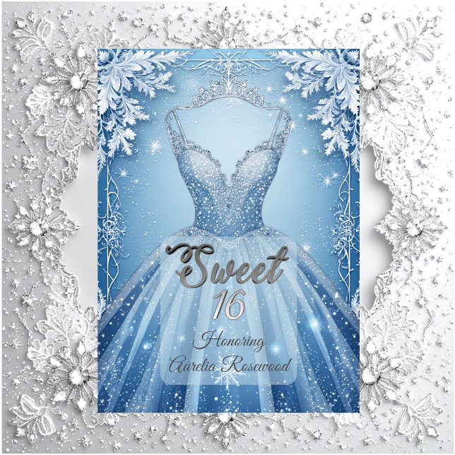 Invitación Dulces 16 Copos de Nieve Helados de Invierno Plate (Sweet 16 Icy Blue Silver Winter Frost Snowflakes Invitation)