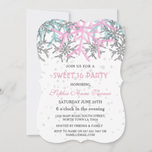 Invitación Dulces 16 copos de nieve rosa plateado de invierno (Anverso)