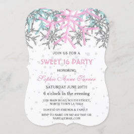 Invitación Dulces 16 copos de nieve rosa plateado de invierno