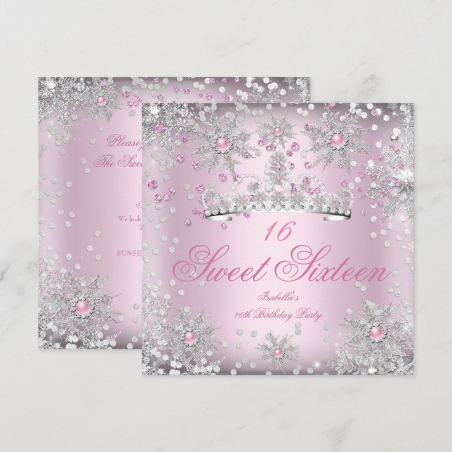 Invitación Dulces 16 Copos de Nieve Rosados Invierno Blanco M (Anverso / Reverso)