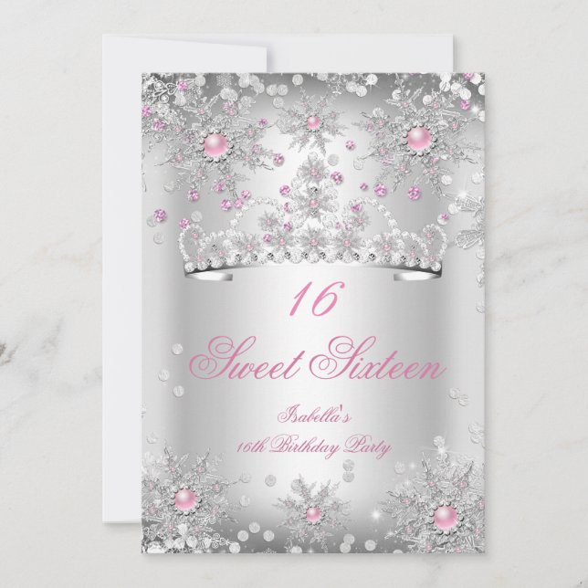 Invitación Dulces 16 Copos de Nieve Rosados Plata Cuidad de E (Anverso)