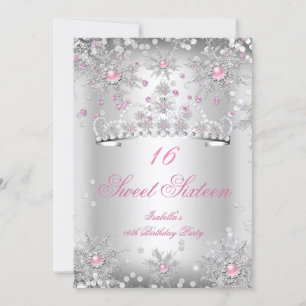 Invitación Dulces 16 Copos de Nieve Rosados Plata Cuidad de E
