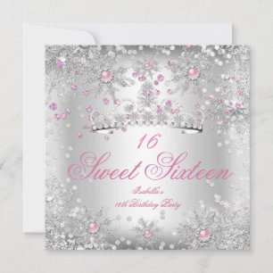Invitación Dulces 16 Copos de Nieve Rosados Plata Cuidad de E