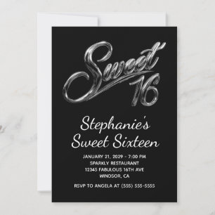 Invitación Dulces 16 Cromado Negro Plateado Moderno