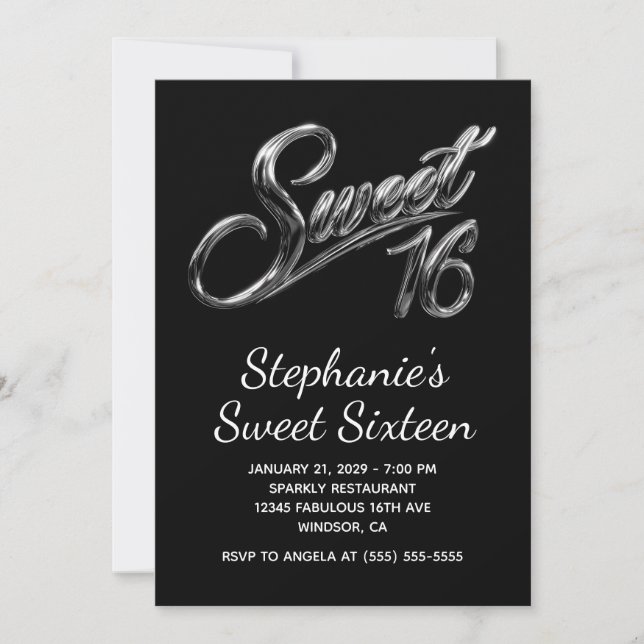 Invitación Dulces 16 Cromado Negro Plateado Moderno (Anverso)