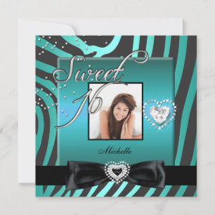 Invitación Dulces 16 Cumpleaños 16 Azul Teal Negro Cebra Foto