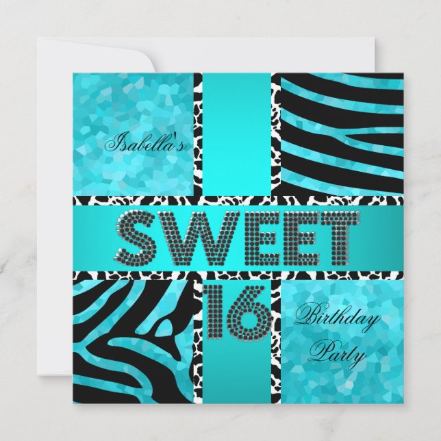Invitación Dulces 16 Cumpleaños 16 Cebra Vaca Azul Teal Negro (Anverso)