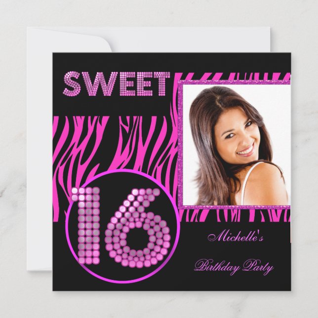 Invitación Dulces 16 Cumpleaños 16 Foto de cebra rosa calient (Anverso)