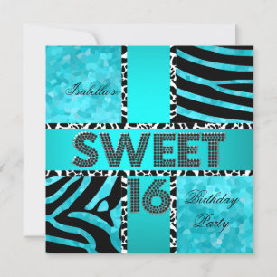 Invitación Dulces 16 Cumpleaños 16 Zebra Vaca Azul Teal Negro