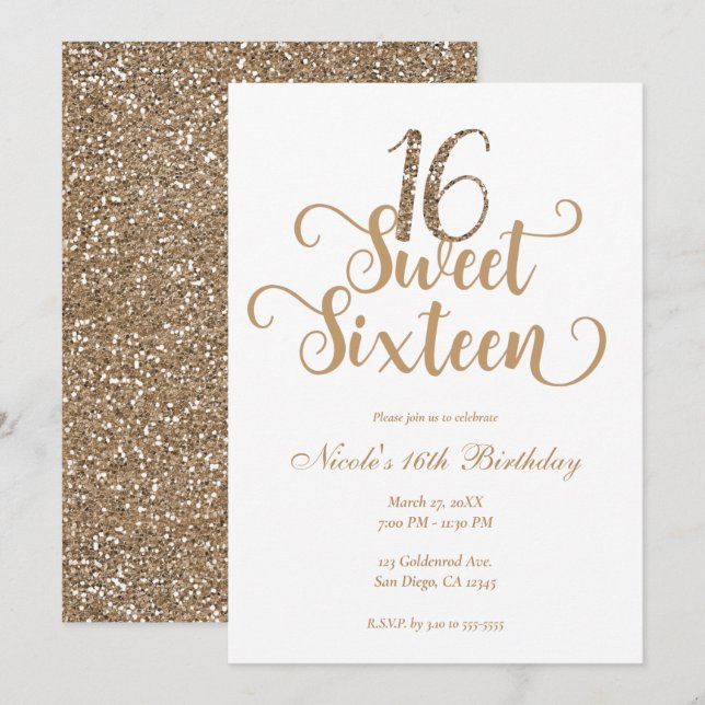 Invitación Dulces 16 Cumpleaños con Brillo Dorado y Blanco Fi (Anverso / Reverso)
