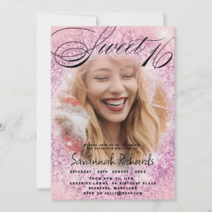 Invitación Dulces 16 Cumpleaños con Brillo Rosa y Purpura Fie