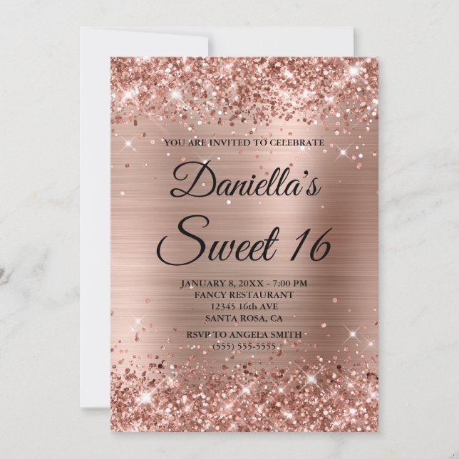 Invitación Dulces 16 Cumpleaños con Brillo y Hoja de Oro Rosa (Anverso)
