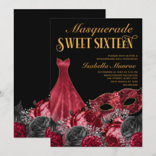 Invitación Dulces 16 Cumpleaños con Máscara Negra Rojo y Dora