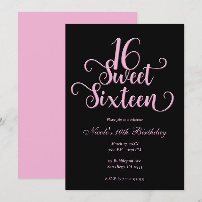 Invitación Dulces 16 Cumpleaños de Negro y Rosa Burbuja (Anverso / Reverso)