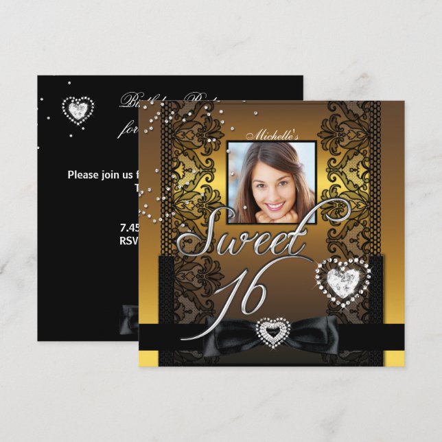 Invitación Dulces 16 Cumpleaños Dieciséis Encaje Negro Dorado (Anverso / Reverso)