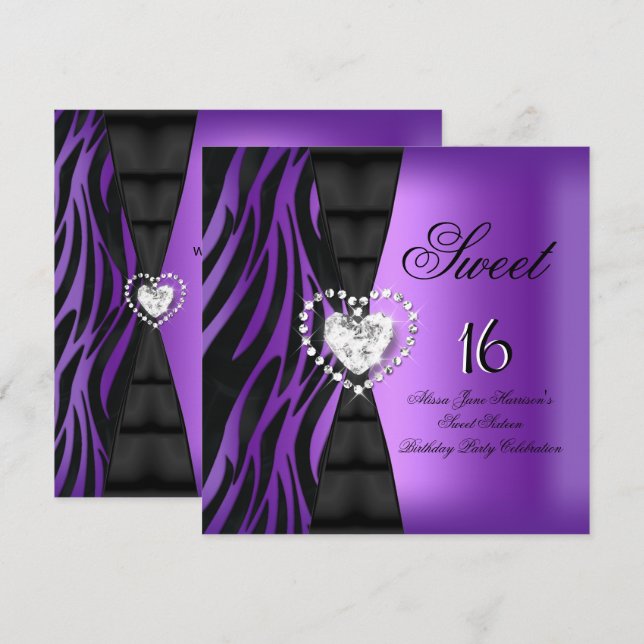 Invitación Dulces 16 Cumpleaños Dieciséis Fiesta Cebra Morado (Anverso / Reverso)