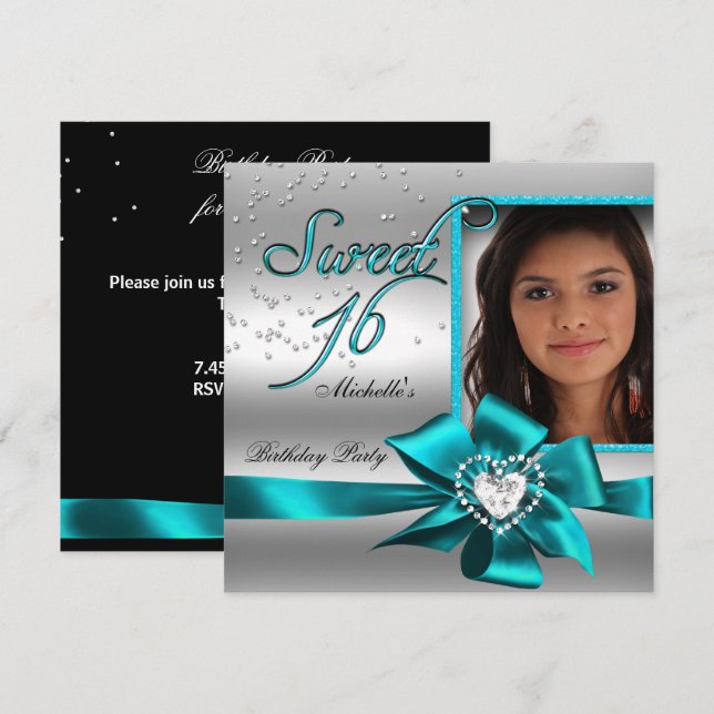 Invitación Dulces 16 Cumpleaños Dieciséis Foto Azul Plata (Anverso / Reverso)