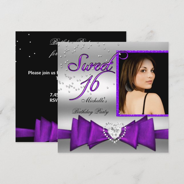 Invitación Dulces 16 Cumpleaños Dieciséis Foto Purple Plata (Anverso / Reverso)