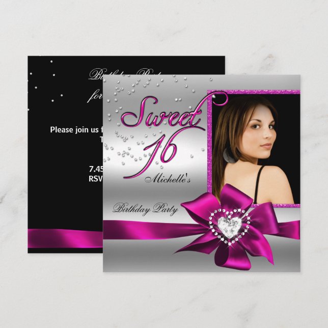 Invitación Dulces 16 Cumpleaños Dieciséis Foto Rosa Plata (Anverso / Reverso)