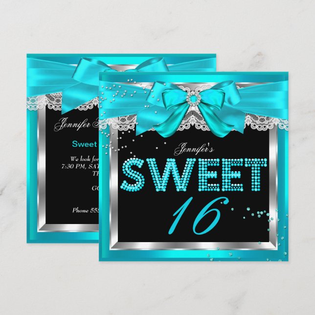 Invitación Dulces 16 Cumpleaños Fiesta Azul Teal Brillo Glam (Anverso / Reverso)