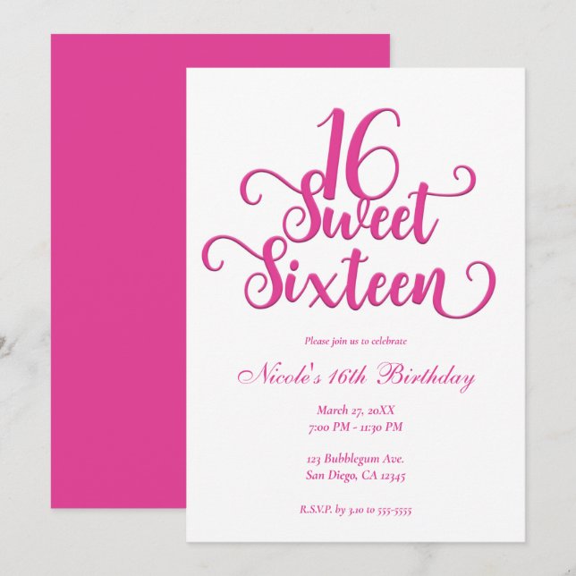 Invitación Dulces 16 Cumpleaños Fiesta Blanca y Rosa Caliente (Anverso / Reverso)
