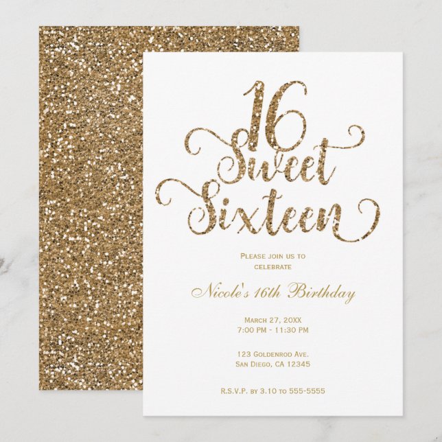 Invitación Dulces 16 Cumpleaños Fiesta Blanco y Dorado Brilla (Anverso / Reverso)