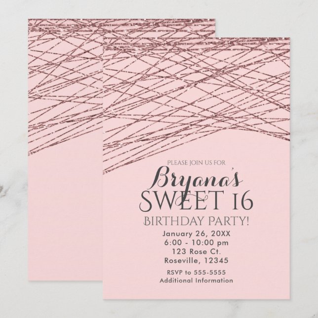 Invitación Dulces 16 Cumpleaños Fiesta Brillo Rosa Dorado Ros (Anverso / Reverso)