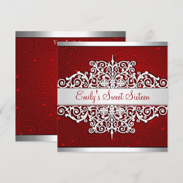 Invitación Dulces 16 Cumpleaños Fiesta de Amor Floral Rojo Pl (Anverso / Reverso)