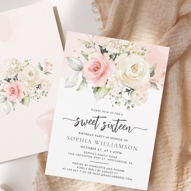 Invitación Dulces 16 Cumpleaños Fiesta Floral Rosa (Pink Floral Sweet Sixteen Script Watercolor 16th Birthday Party Invitation)