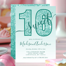 Invitación Dulces 16 Cumpleaños Fiesta Glitter Script Aqua Ve