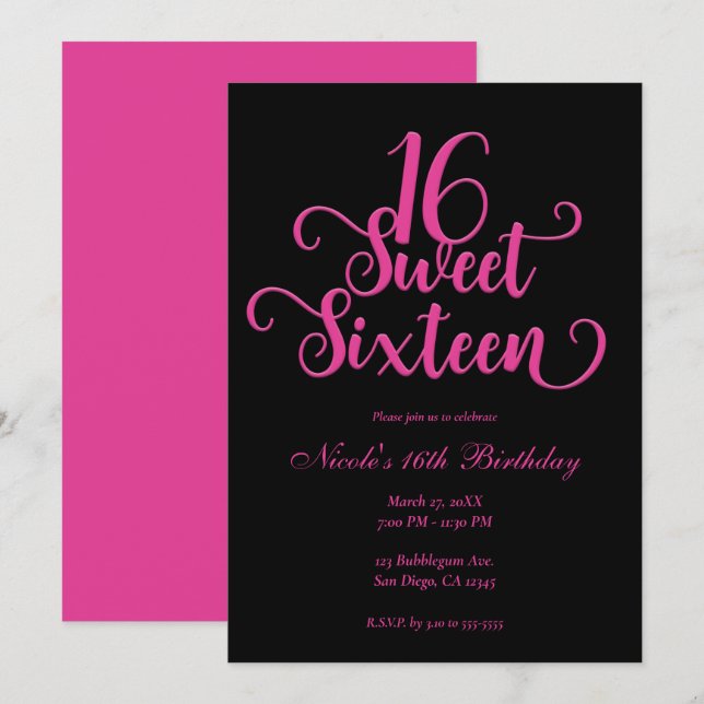 Invitación Dulces 16 Cumpleaños Fiesta Negra y Rosa Caliente (Anverso / Reverso)