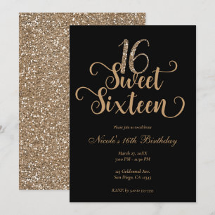 Invitación Dulces 16 Cumpleaños Fiesta Negro y Dorado Brillan