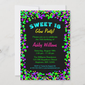 Invitación Dulces 16 Cumpleaños Fiesta Neon Glow Confetti