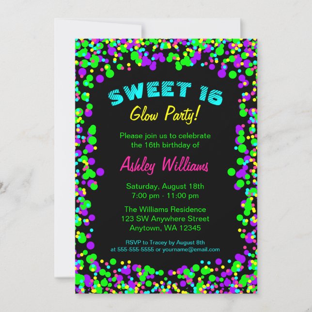 Invitación Dulces 16 Cumpleaños Fiesta Neon Glow Confetti (Anverso)