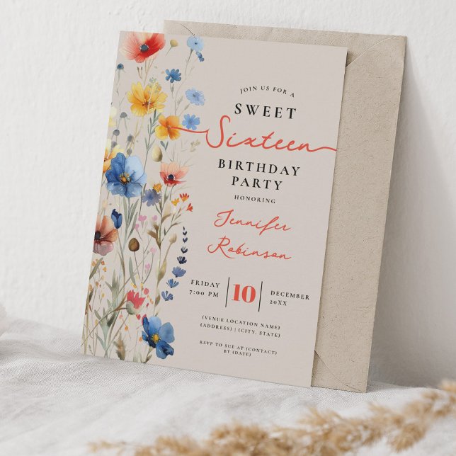 Invitación Dulces 16 Cumpleaños Fiesta Prado de Flores Silves (Sweet 16 Birthday Party Wildflower Meadow Invitation)