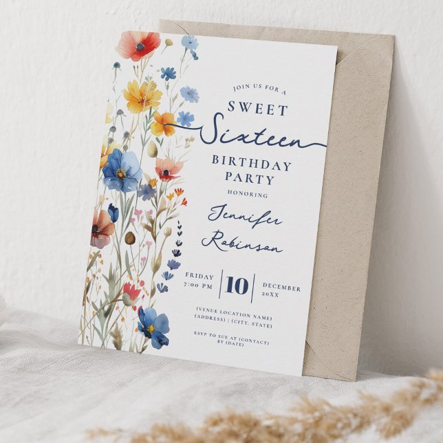 Invitación Dulces 16 Cumpleaños Fiesta Prado de Flores Silves (Sweet 16 Birthday Party Wildflower Meadow Invitation)