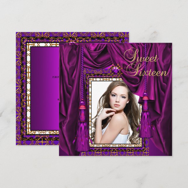 Invitación Dulces 16 Cumpleaños Fiesta Purpura Oro (Anverso / Reverso)