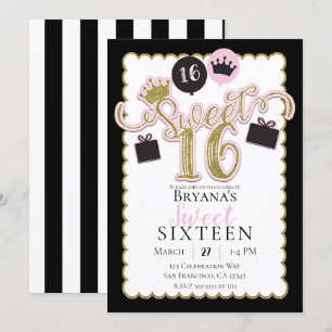 Invitación Dulces 16 Cumpleaños Fiesta Rayada Rosa Negro Oro