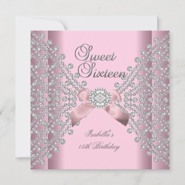 Invitación Dulces 16 Cumpleaños Fiesta Rosa Blanco Diamantes (Anverso)