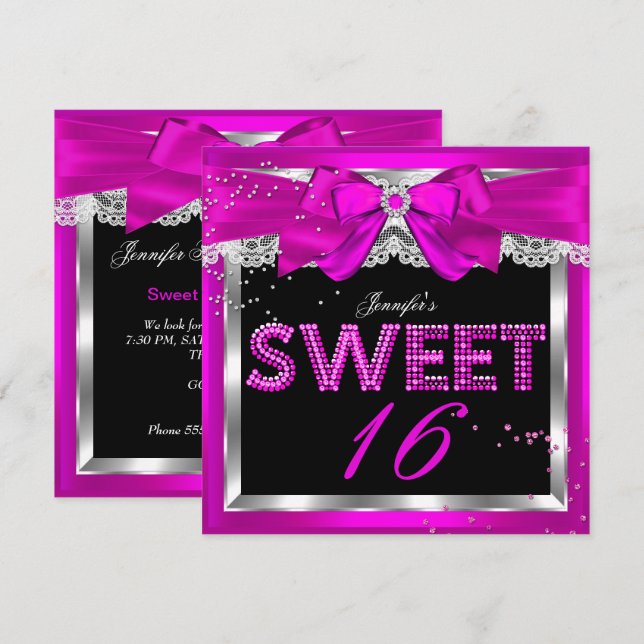 Invitación Dulces 16 Cumpleaños Fiesta Rosa Brillante Glam (Anverso / Reverso)