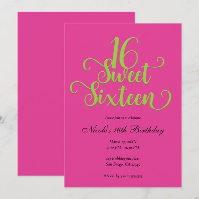 Invitación Dulces 16 Cumpleaños Fiesta Rosa Caliente y Verde  (Anverso / Reverso)